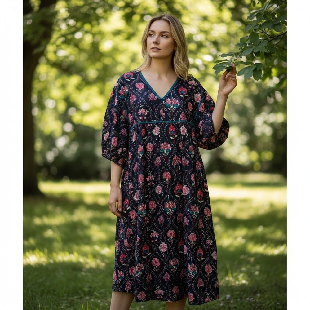 World Market Women S/M Black Floral Midi Dress Boho Empire Waist Pockets Resort